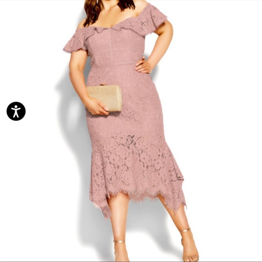 City Chic Angel Off The Shoulder Lace Dress- Rose